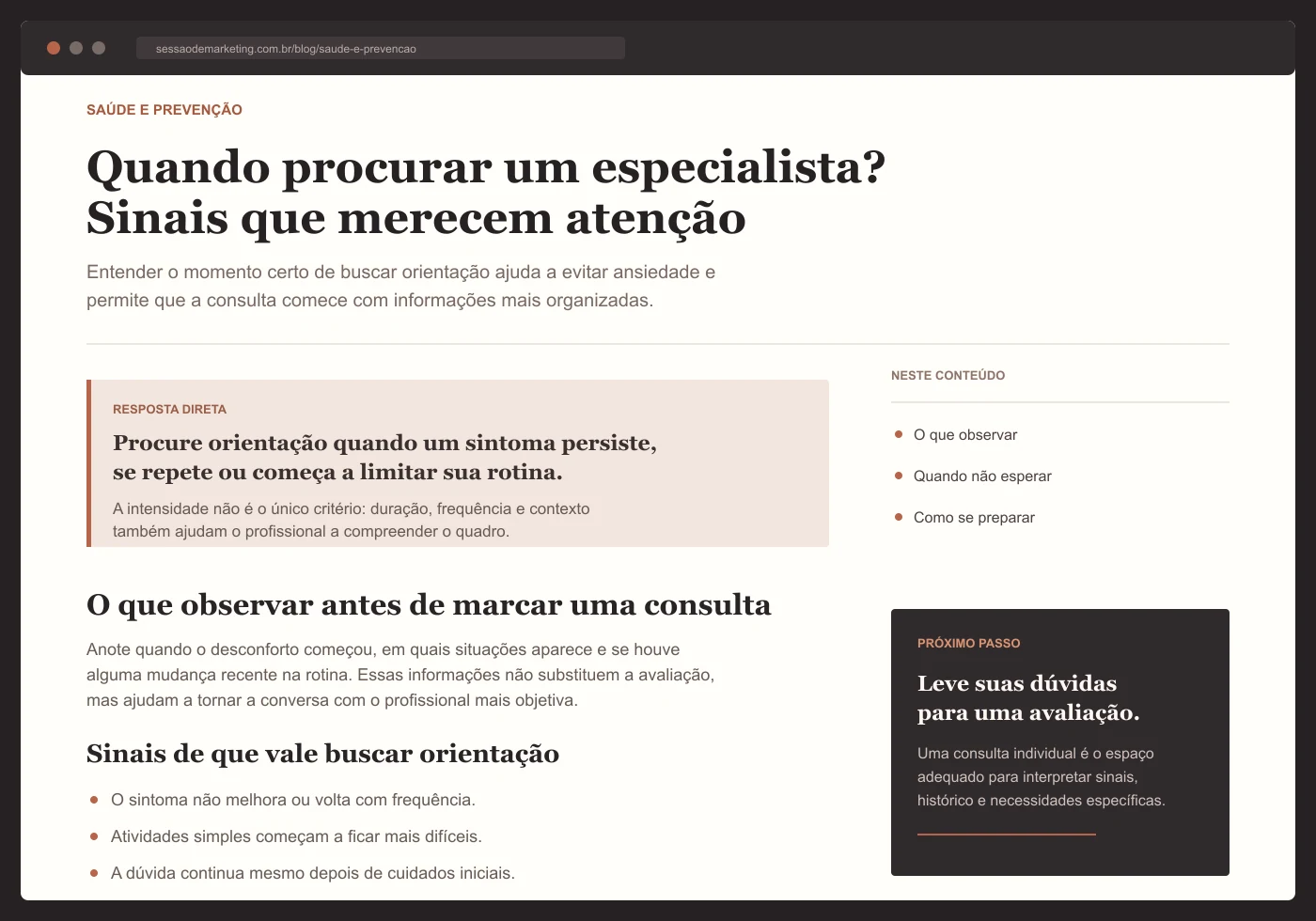Exemplo de artigo de saúde com título, introdução, resposta direta, subtítulos, índice e orientação para consulta