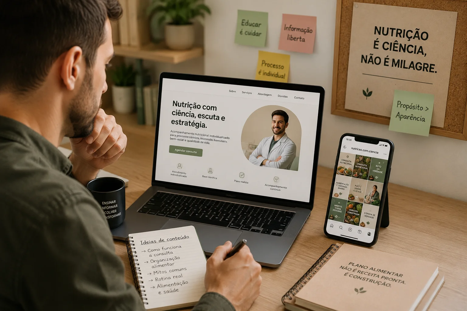 Nutricionista produzindo conteúdo educativo para divulgar seu trabalho com responsabilidade