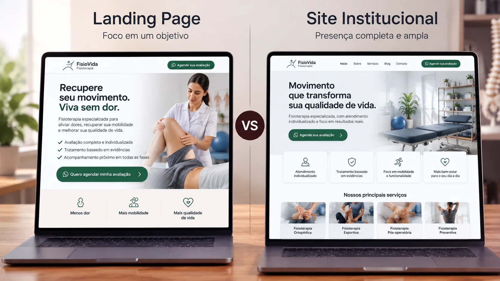 Comparação entre a estrutura de uma landing page e um site institucional para saúde