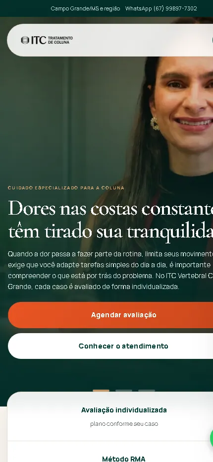 Página inicial do ITC Vertebral Campo Grande adaptada para celular